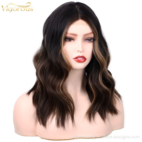 Short cheap price wavy ombre heat resistant vendor wholesale high quality premium curly synthetic lace front wig for black women